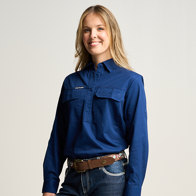 SOMERSET | Womens Half Button  Long Sleeve Work Shirt - Navy