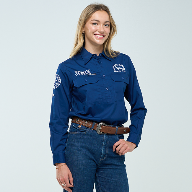 DARLING| Womens Half Button Long Sleeve Work Shirts- Navy