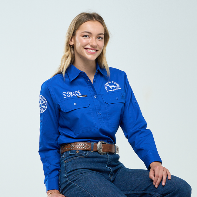 DARLING| Womens Half Button Long Sleeve Work Shirts- Royal