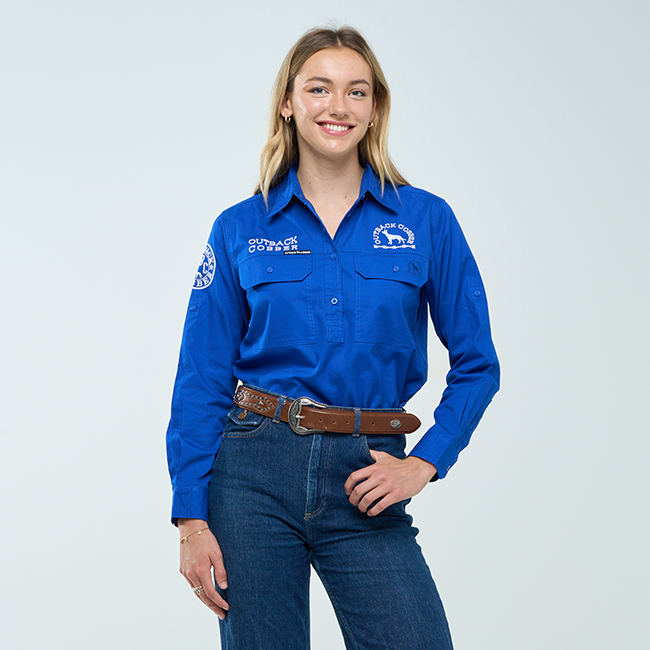 DARLING| Womens Half Button Long Sleeve Work Shirts- Royal