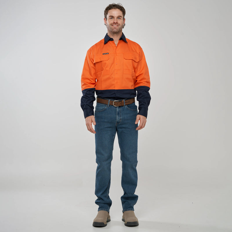Barcoo Mens Hi Vis Long Sleeve Work Shirt - Orange/Navy