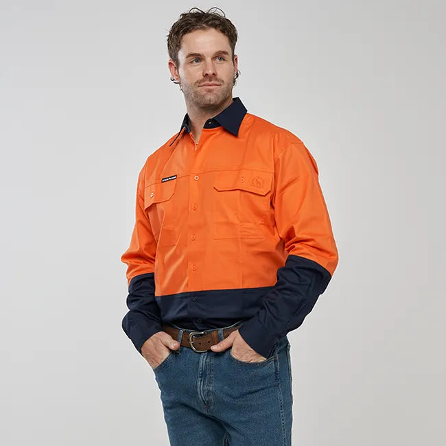 Barcoo Mens Hi Vis Long Sleeve Work Shirt - Orange/Navy