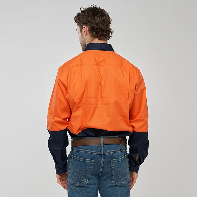 Barcoo Mens Hi Vis Long Sleeve Work Shirt - Orange/Navy