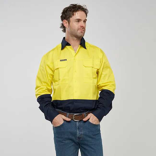 Barcoo Mens Hi Vis Long Sleeve Work Shirt - Yellow/Navy