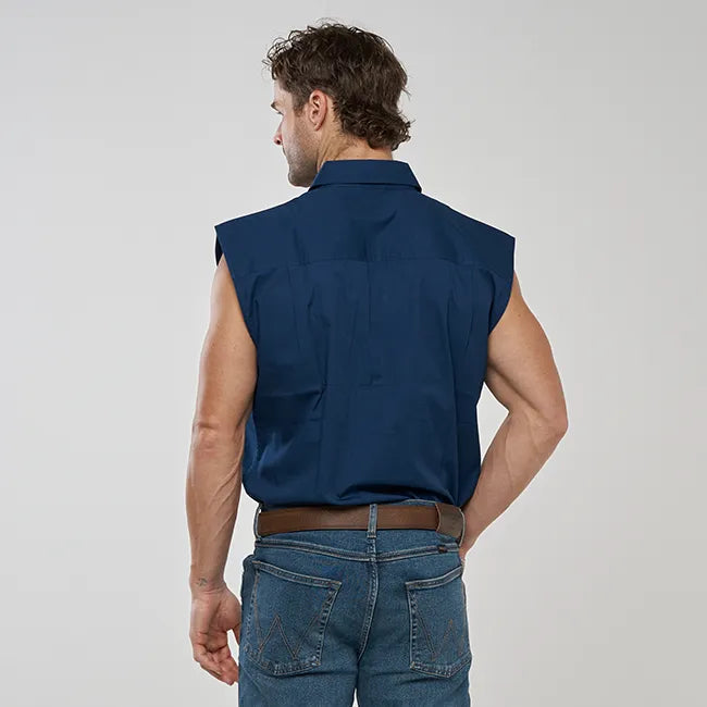 ESK MENS FULL BUTTON  SLEEVELESS WORK SHIRT NAVY