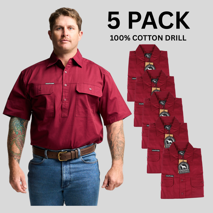 Kilcoy Mens Half Button Short Sleeve Work Shirt 5 Pack- BURGUNDY