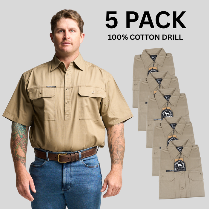 Kilcoy Mens Half Button Short Sleeve Work Shirt 5 Pack- Khaki