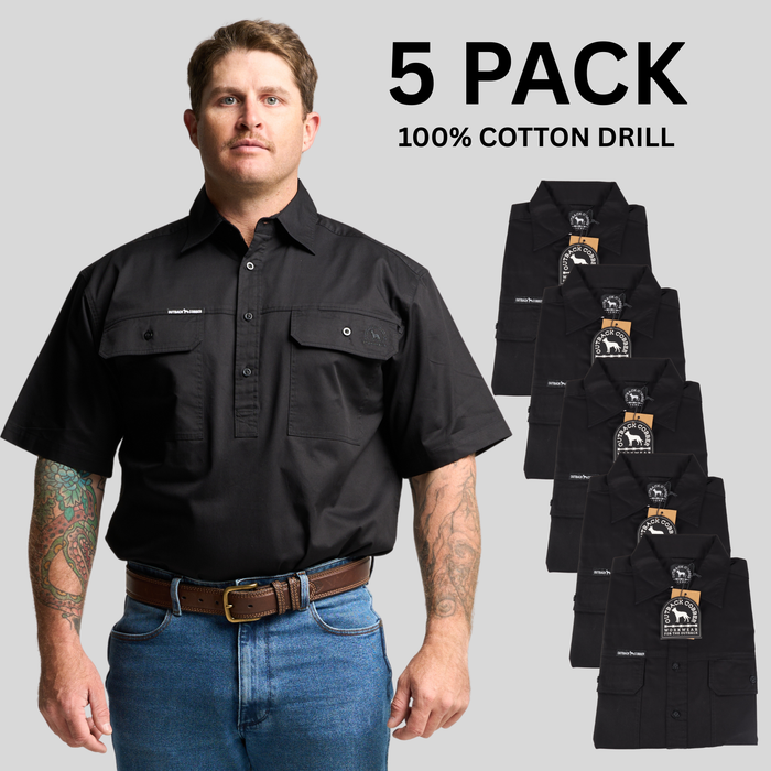Kilcoy Mens Half Button Short Sleeve Work Shirt 5 Pack- BLACK