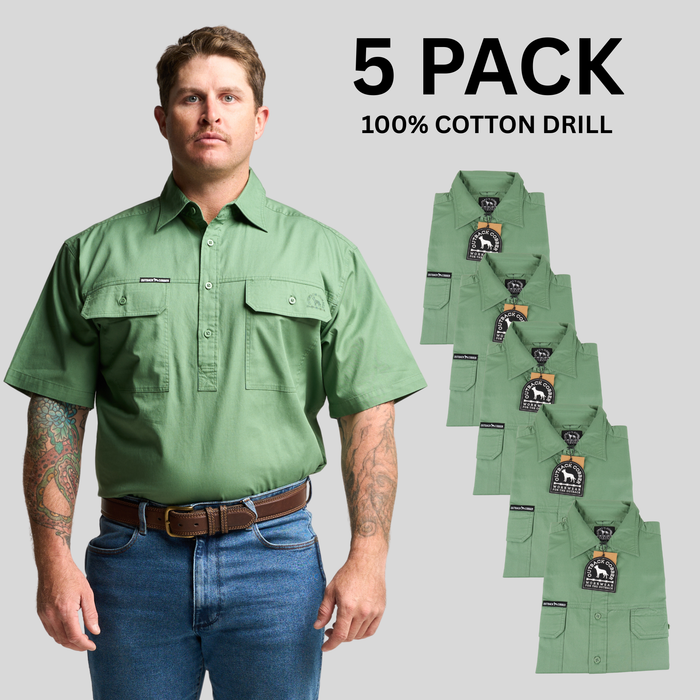 Kilcoy Mens Half Button Short Sleeve Work Shirt 5 Pack- Gum Leaf Green
