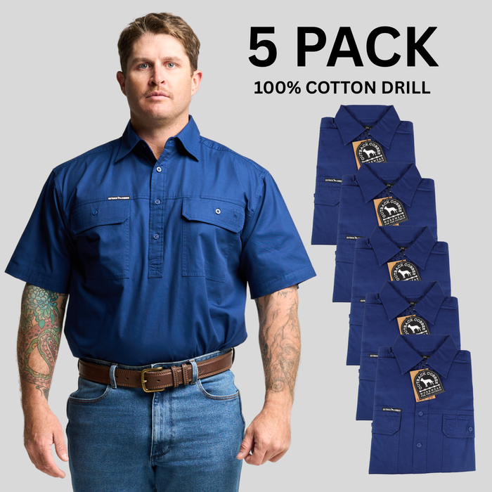 Kilcoy Mens Half Button Short Sleeve Work Shirt 5 Pack- NAVY