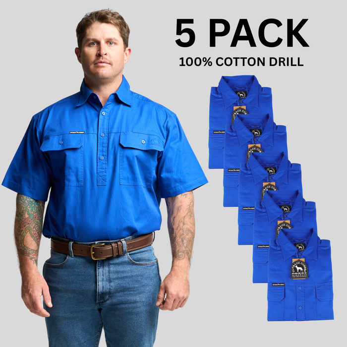 Kilcoy Mens Half Button Short Sleeve Work Shirt 5 Pack- Royal