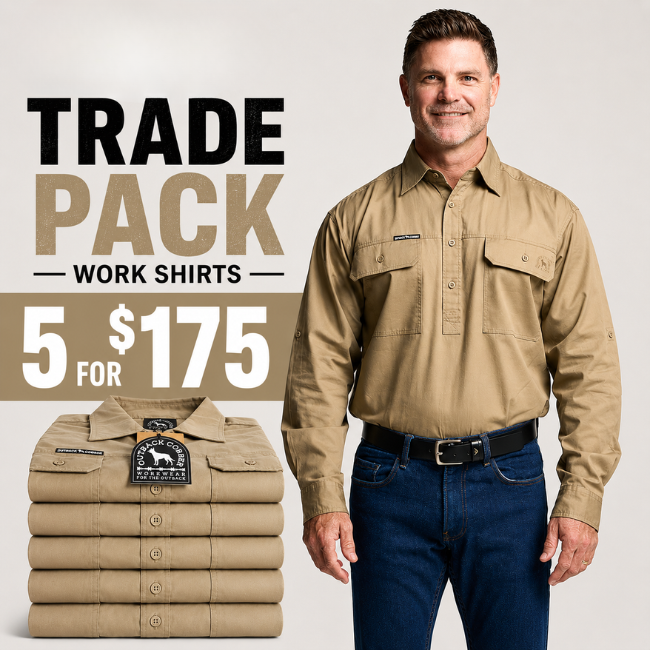 Kilcoy Mens Half Button Long Sleeve Work Shirt 5 Pack- KHAKI