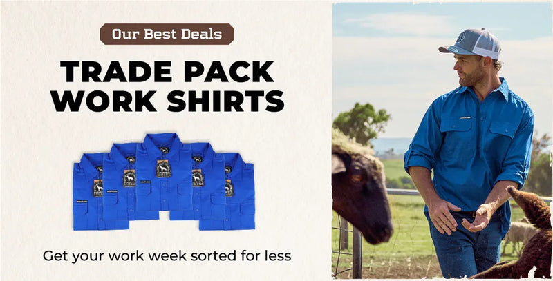 Promotional image for trade pack work shirts with a person in a blue shirt and cap on a farm.