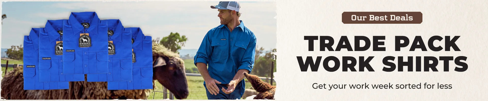 Blue work shirts displayed with a person in a field, promoting 'Trade Pack Work Shirts' deals.