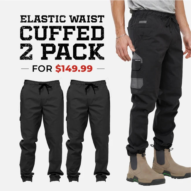 OBC ELASTIC WAIST CUFFED WORK PANTS 2 PACK - BLACK