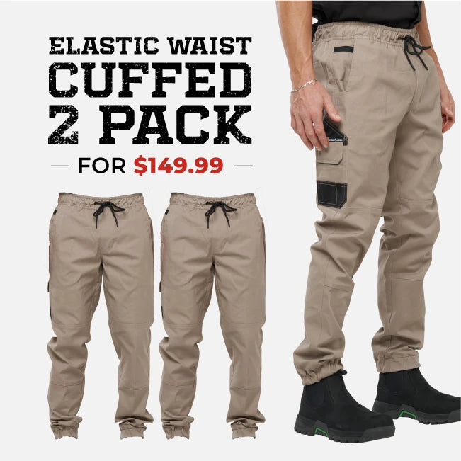 OBC ELASTIC WAIST CUFFED WORK PANTS 2 PACK - KHAKI