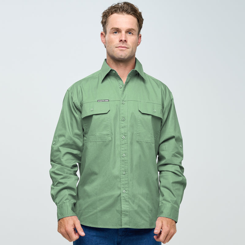 ESK MENS FULL BUTTON LONG SLEEVE WORK SHIRT GUM LEAF GREEN