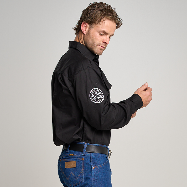 Kilcoy Mens RODEO Half Button Long Sleeve Work Shirt - Black