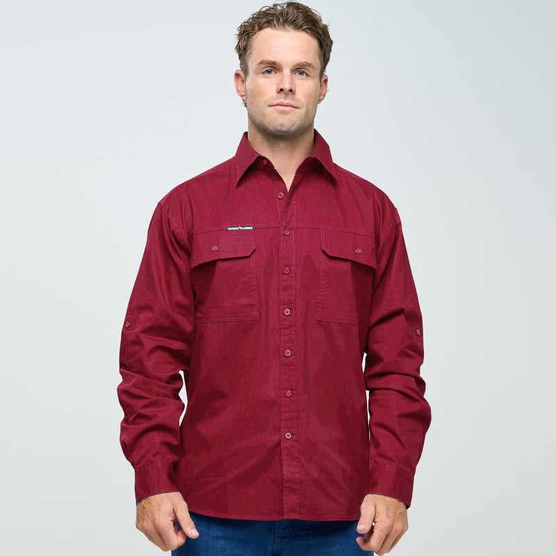 ESK MENS FULL BUTTON LONG SLEEVE WORK SHIRT BURGUNDY