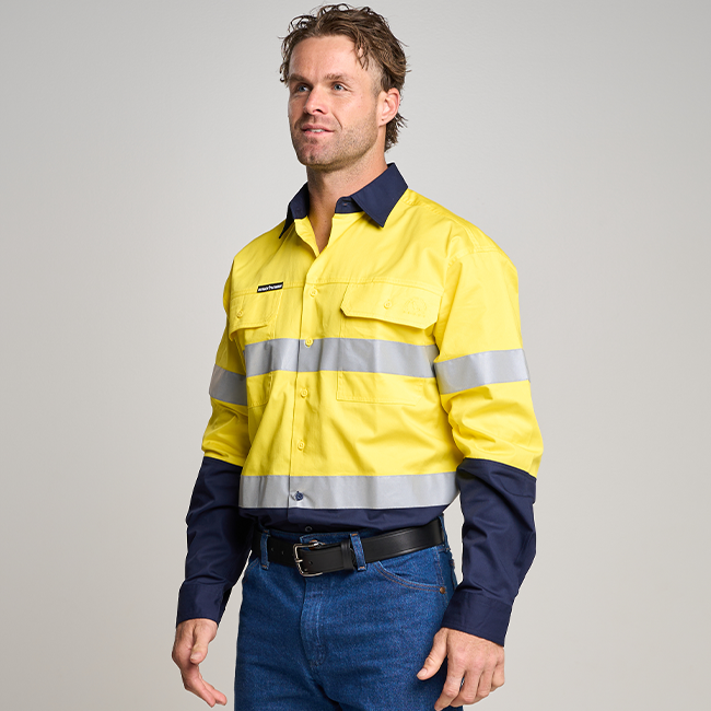 BUNDI | MENS HI VIS LONG SLEEVE SHIRT WITH REFLECTIVE TAPE YELLOW/NAVY