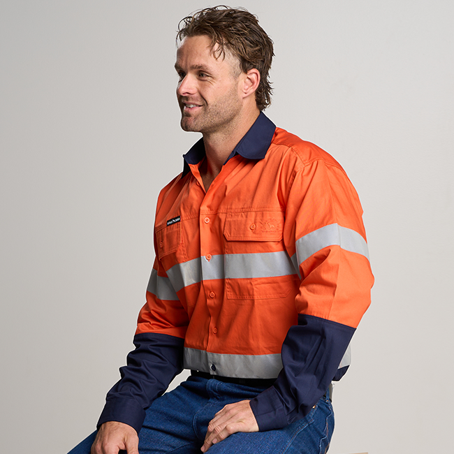 BUNDI | MENS HI VIS LONG SLEEVE SHIRT WITH REFLECTIVE TAPE ORANGE/NAVY