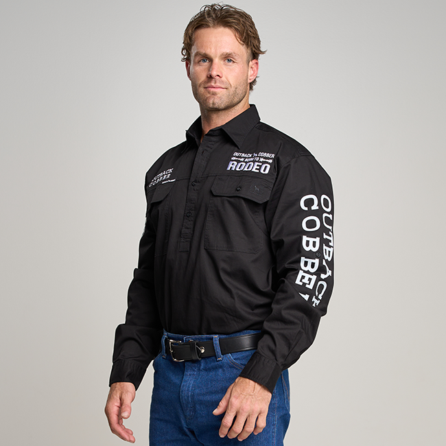 Kilcoy Mens RODEO Half Button Long Sleeve Work Shirt - Black