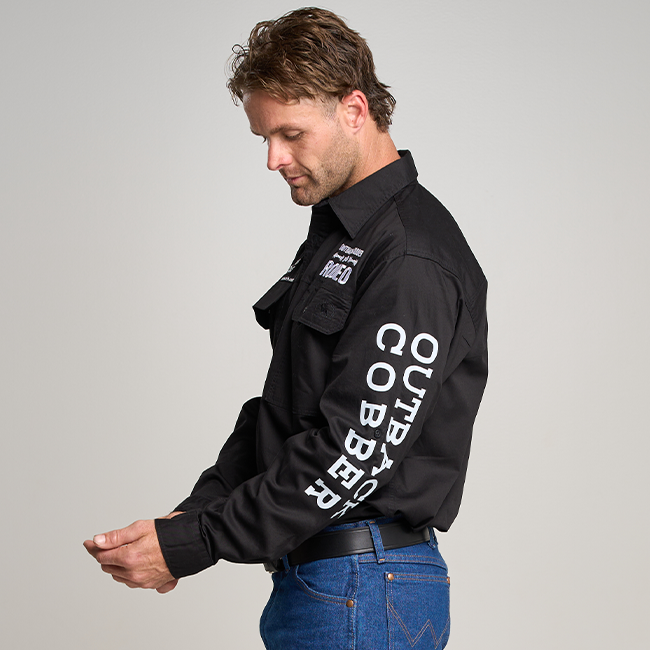 Kilcoy Mens RODEO Half Button Long Sleeve Work Shirt - Black