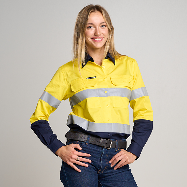LINDEN | WOMENS HI VIS LONG SLEEVE SHIRT WITH REFLECTIVE TAPE YELLOW/NAVY