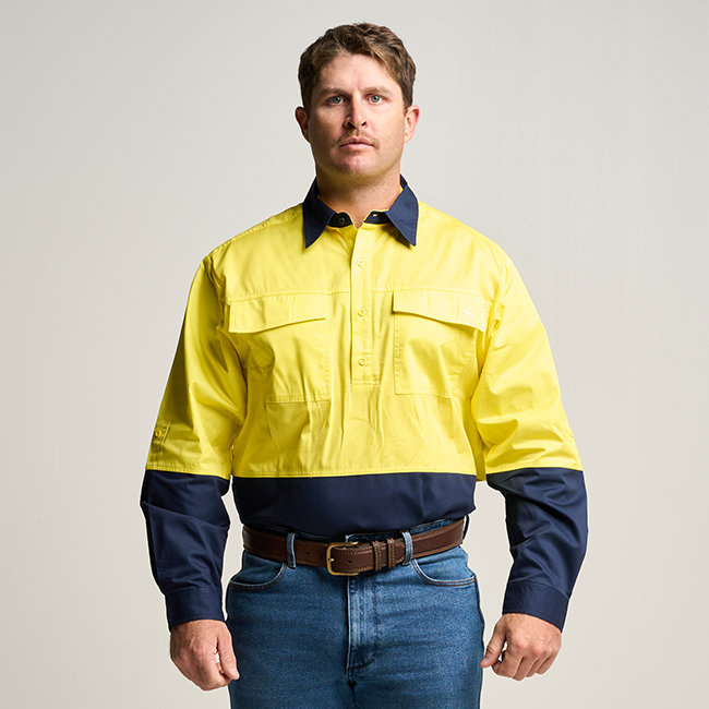 LONGHORN | Mens Hi Vis Workshirt LS -Yellow/Navy