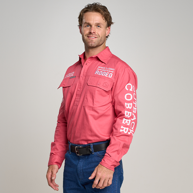 Kilcoy Mens RODEO Half Button Long Sleeve Work Shirt - Hibiscus Pink