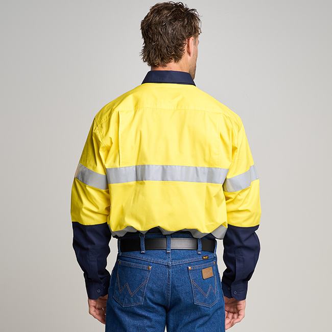 BUNDI | MENS HI VIS LONG SLEEVE SHIRT WITH REFLECTIVE TAPE YELLOW/NAVY