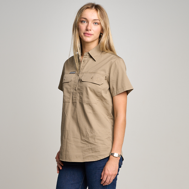 SOMERSET | Womens Half Button Short Sleeve Work Shirt - Khaki