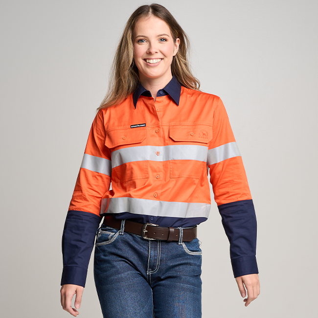 LINDEN | WOMENS HI VIS LONG SLEEVE SHIRT WITH REFLECTIVE TAPE ORANGE/NAVY